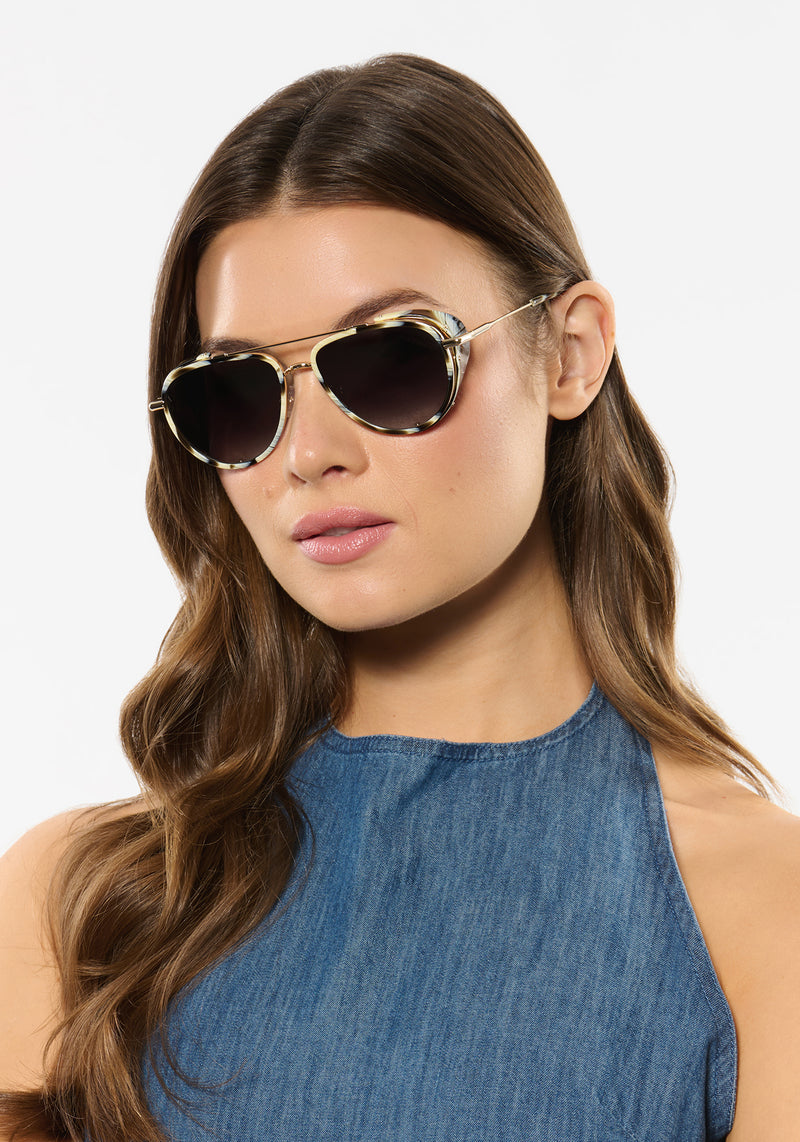COLEMAN BLINKER | Bone 12K Handcrafted, luxury white and grey tortoise acetate large aviator KREWE sunglasses with blinkers womens model | Model: Kennidy