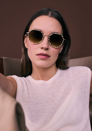 CALLIOPE | Yuzu Handcrafted, luxury yellow green checkered acetate round KREWE sunglasses womens model campaign | Model: Eliza