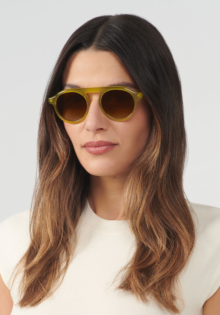 KREWE SUNGLASSES - CAMERON | Chartreuse handcrafted, luxury yellow acetate round frames womens model | Model: Olga