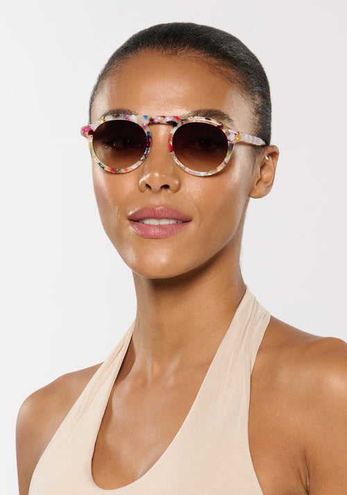 CAMERON | Gelato acetate handcrafted, luxury colorful acetate round KREWE sunglasses womens model | Model: Sasha