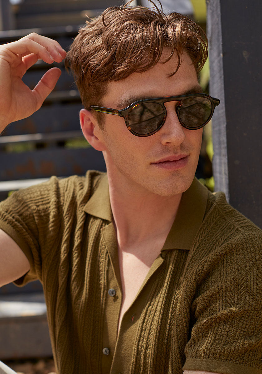 KREWE SUNGLASSES - CAMERON | Hickory Polarized handcrafted, luxury brown acetate round sunglasses mens model campaign | Model: Eric