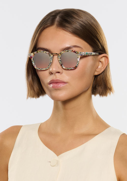CAMPBELL | Granita 18K Mirrored Handcrafted mirrored, luxury speckled multicolored acetate round KREWE sunglasses with gold plated stainless steel metal hardware womens model | Model: Michelle