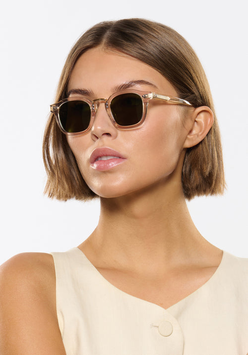 CAMPBELL | Haze 18K Handcrafted polarized, luxury champagne pearlescent acetate medium round KREWE sunglasses with gold stainless steel metal hardware womens model | Model: Michelle