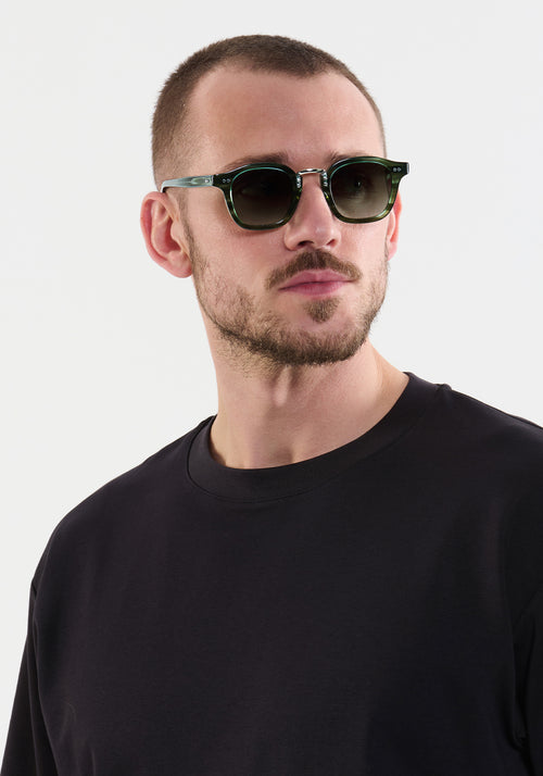 CAMPBELL | Reed 18K Handcrafted, luxury green tortoise acetate medium round KREWE sunglasses with stainless steel metal hardware mens model | Model: Connor