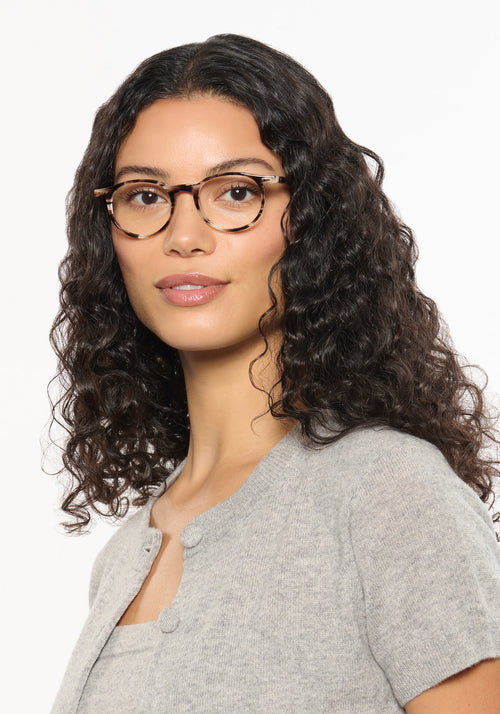 CARSON | Blonde Venezia Handcrafted, luxury brown tortoise acetate small round KREWE eyeglasses womens model | Model: Jessika