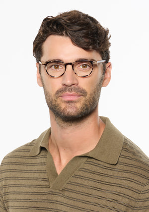 CARSON | Blonde Venezia Handcrafted, luxury brown tortoise acetate small round KREWE eyeglasses mens model | Model: Ryan A.