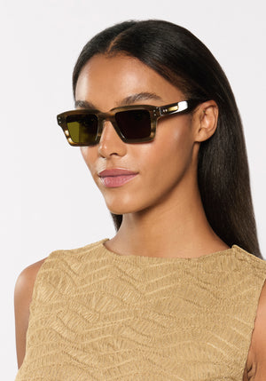 CARTER | Kombu Handcrafted, brown tortoise acetate rectangular square KREWE sunglasses womens model | Model: Sasha