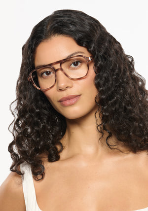 CHARLIE | Blush Tortoise Handcrafted, luxury light brown and pink acetate oversized aviator KREWE eyeglasses womens model | Model: Jessika