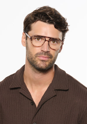 CHARLIE | Blush Tortoise Handcrafted, luxury light brown and pink acetate oversized aviator KREWE eyeglasses mens model | Model: Ryan A.