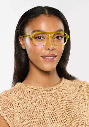 CHARLIE | Chartreuse Handcrafted, luxury yellow green acetate oversized aviator KREWE eyeglasses womens model | Model: Sasha
