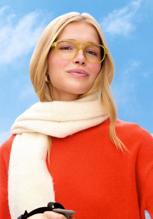 CHARLIE | Chartreuse Handcrafted, luxury yellow green acetate oversized aviator KREWE eyeglasses womens model | Model: Emily U.