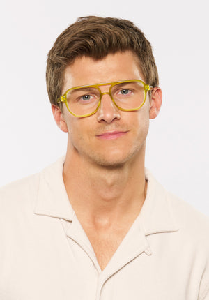 CHARLIE | Chartreuse Handcrafted, luxury yellow green acetate oversized aviator KREWE eyeglasses mens model | Model: Ben
