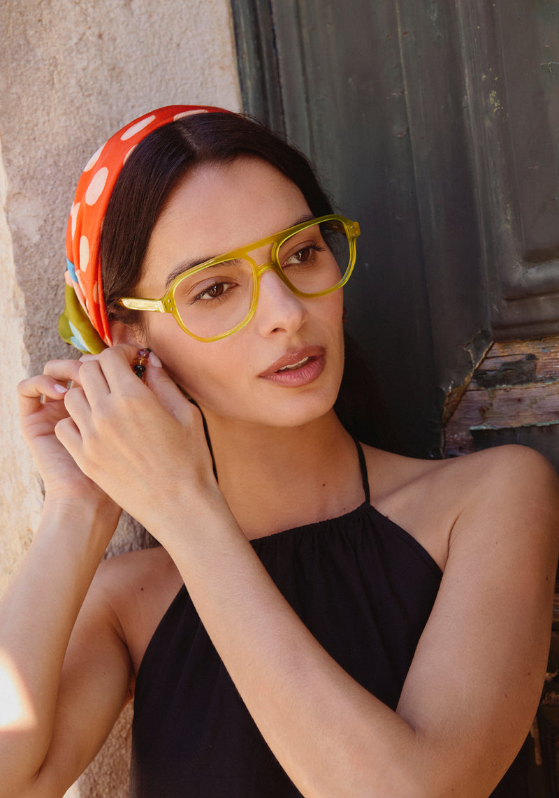 CHARLIE | Chartreuse Handcrafted, luxury yellow green acetate oversized aviator KREWE eyeglasses womens model | Model: Patricia