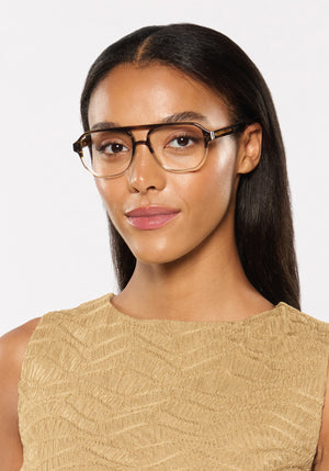 CHARLIE | Walnut Handcrafted, luxury brown acetate oversized aviator KREWE eyeglasses womens model | Model: Sasha