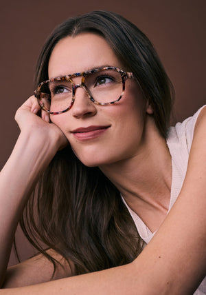 CHARLIE | Capri Handcrafted, luxury colorful acetate oversized aviator KREWE eyeglasses womens model campaign | Model: Eliza