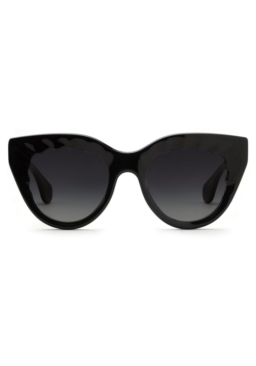 CHARLOTTE | Black + Black and Crystal Handcrafted, luxury glossy black acetate oversized scalloped cat-eye KREWE sunglasses 