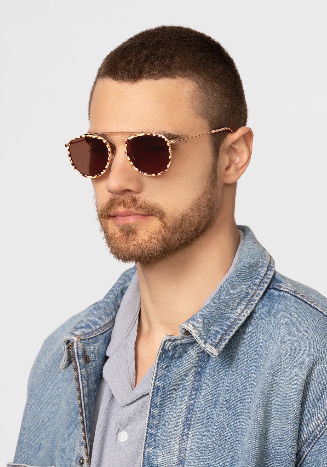 KREWE - Designer Single Bar Aviator Sunglasses - CHARTRES | Caffe Dolce 18K Handcrafted, luxury brown and white checkered acetate sunglasses. Similar to Oliver Peoples sunglasses, moscot sunglasses mens model | Model: David