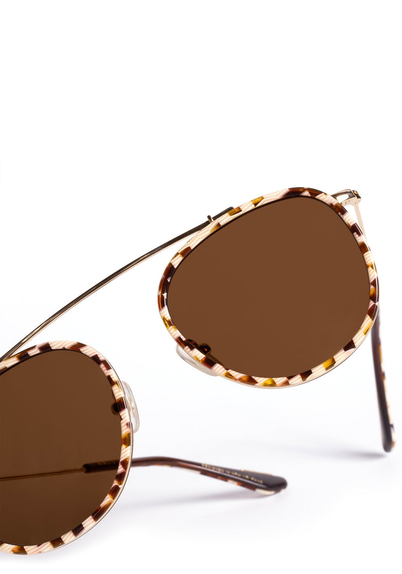 KREWE - Designer Single Bar Aviator Sunglasses - CHARTRES | Caffe Dolce 18K Handcrafted, luxury brown and white checkered acetate sunglasses. Similar to Oliver Peoples sunglasses, moscot sunglasses