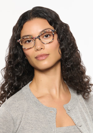 CLARA | Amalfi Handcrafted luxury multicolored tortoise acetate small cat-eye KREWE eyeglasses womens model | Model: Jessika