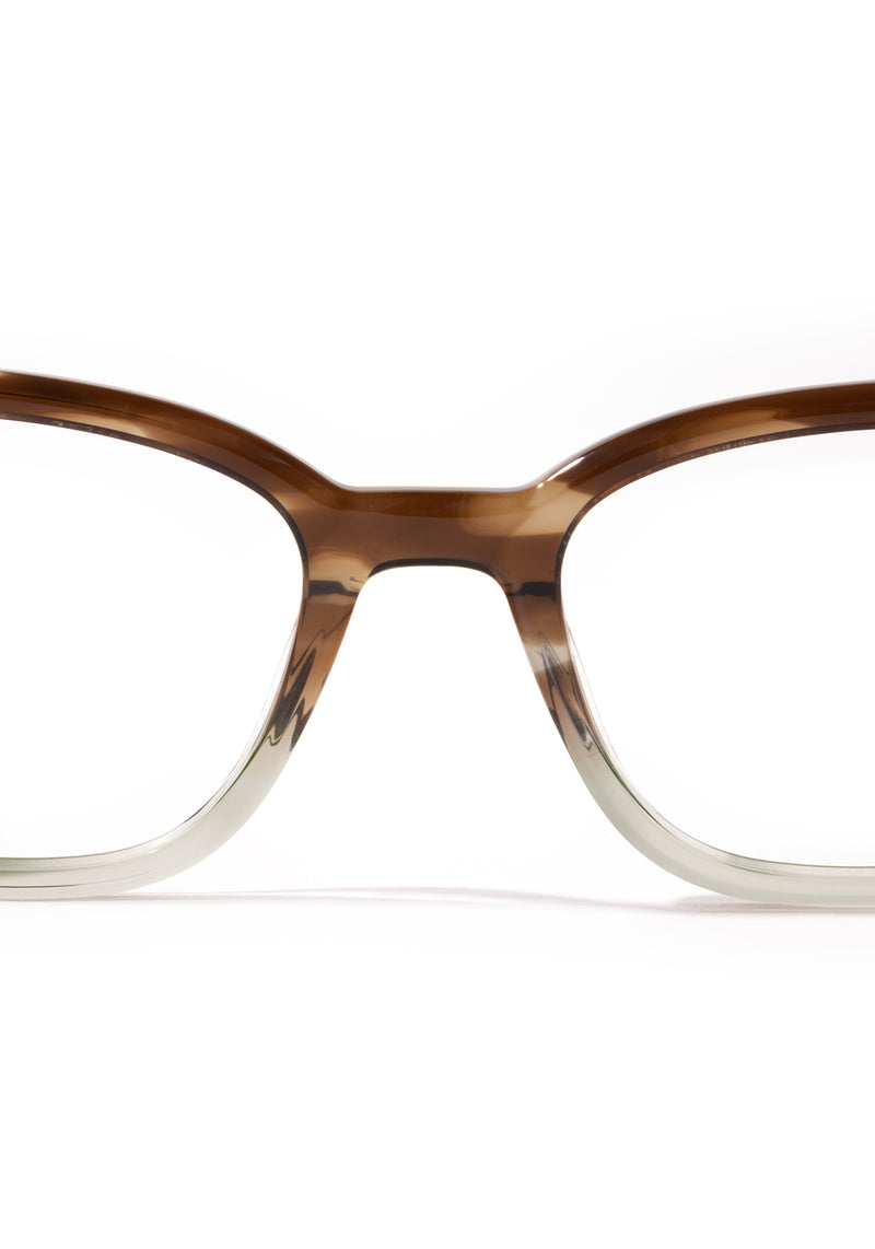 CLARA | Coastal Fade Handcrafted luxury brown and clear acetate small cat-eye KREWE eyeglasses womens model