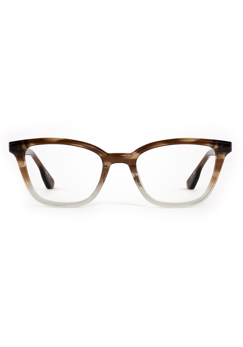 CLARA | Coastal Fade Handcrafted luxury brown and clear acetate small cat-eye KREWE eyeglasses 