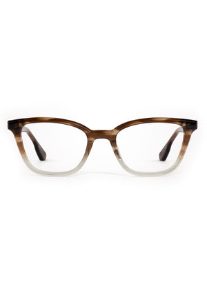 CLARA | Coastal Fade Handcrafted luxury brown and clear acetate small cat-eye KREWE eyeglasses 