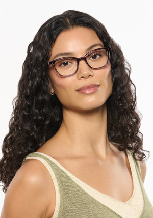 CLARA | Lilac Wine Handcrafted luxury purple tortoise acetate small cat-eye KREWE eyeglasses  womens model | Model: Jessika