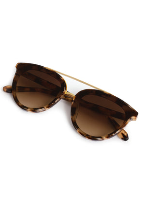 CLIO NYLON | Blonde Venezia 18K Handcrafted, brown tortoise round aviator acetate KREWE sunglasses with gold brow bar and flat edge to edge nylon lens