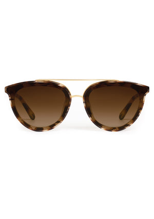 CLIO NYLON | Blonde Venezia 18K Handcrafted, brown tortoise round aviator acetate KREWE sunglasses with gold brow bar and flat edge to edge nylon lens