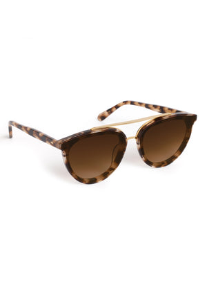 CLIO NYLON | Blonde Venezia 18K Handcrafted, brown tortoise round aviator acetate KREWE sunglasses with gold brow bar and flat edge to edge nylon lens