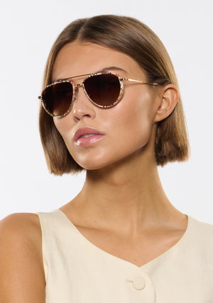 COLEMAN | 18K + Pink Poppy Polarized Handcrafted, luxury polarized stainless steel and speckled multicolored acetate aviator KREWE sunglasses with mini side shield blinker womens model | Model: Michelle