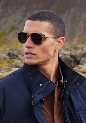 COLEMAN BLINKER | 18K Bottle Green + Zulu Handcrafted, luxury green and brown tortoise acetate large aviator KREWE sunglasses with blinkers mens model | Model: Vincent