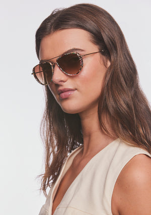 COLEMAN | 18K + Poppy Noir Handcrafted, luxury stainless steel and multicolored acetate aviator KREWE sunglasses with mini side shield blinker womens model | Model: Bentley