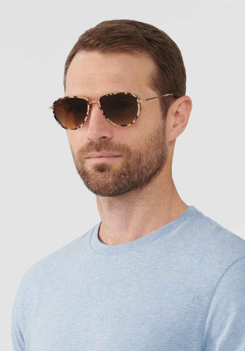 COLEMAN | 24K + Crema Handcrafted, luxury brown acetate KREWE aviator sunglasses mens model | Model: Vince