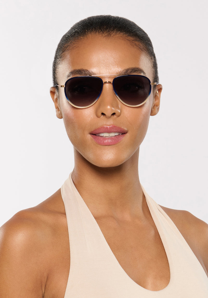 COLEMAN | 18K + Matte Indigo Fade + Gravity Handcrafted, navy acetate luxury KREWE sunglasses mens model | Model: Sasha