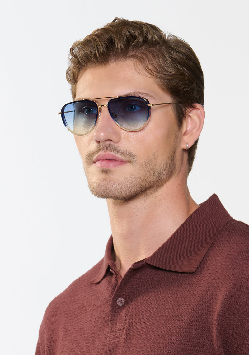 KREWE SUNGLASSES - COLEMAN | 18K + Matte Indigo Fade + Gravity + Custom Vanity Tint handcrafted, luxury aviators with blue gradient tinted lenses mens model | Model: Linus