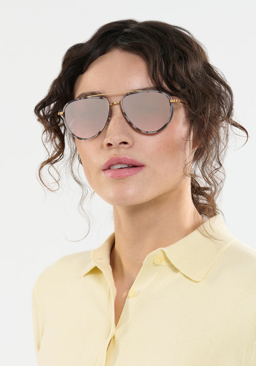 COLEMAN | 24K Matte Black + Matte Sunday Tortoise Mirrored Handcrafted, tortoise acetate luxury KREWE sunglasses womens model | Model: Ione