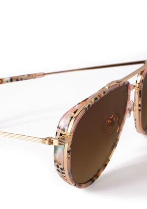 COLEMAN | 18K + Pink Poppy Polarized Handcrafted, luxury polarized stainless steel and speckled multicolored acetate aviator KREWE sunglasses with mini side shield blinker 