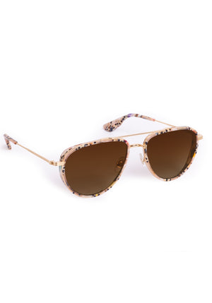 COLEMAN | 18K + Pink Poppy Polarized Handcrafted, luxury polarized stainless steel and speckled multicolored acetate aviator KREWE sunglasses with mini side shield blinker 