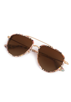 COLEMAN | 18K + Pink Poppy Polarized Handcrafted, luxury polarized stainless steel and speckled multicolored acetate aviator KREWE sunglasses with mini side shield blinker 