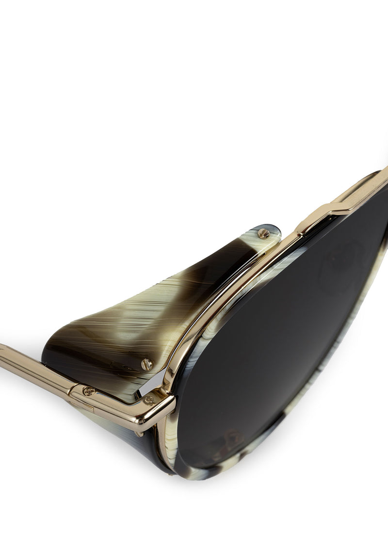 COLEMAN BLINKER | Bone 12K Handcrafted, luxury white and grey tortoise acetate large aviator KREWE sunglasses with blinkers womens detail