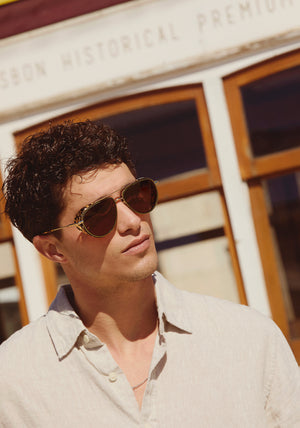 COLEMAN BLINKER | 18K Bottle Green + Zulu Handcrafted, luxury green and brown tortoise acetate large aviator KREWE sunglasses with blinkers mens model | Model: Mateo