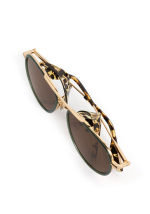 COLEMAN BLINKER | 18K Bottle Green + Zulu Handcrafted, luxury green and brown tortoise acetate large aviator KREWE sunglasses with blinkers