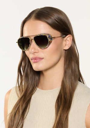 COLEMAN BLINKER | Mosaic 12K Handcrafted, luxury colorful tortoise acetate large aviator KREWE sunglasses with blinkers womens model | Model: Sam