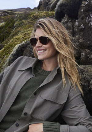 COLEMAN BLINKER | Venezia 18K Handcrafted, luxury brown tortoise acetate large aviator KREWE sunglasses with blinkers womens model | Model: Frederique