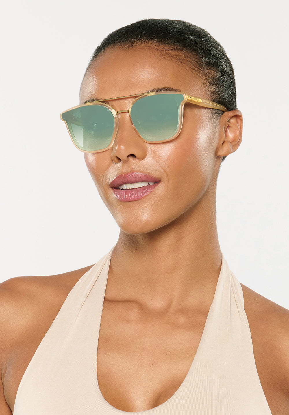 COLISEUM NYLON | Blonde 18K Handcrafted, cream acetate oversized square aviator nylon edge to edge lens KREWE sunglasses womens model | Model: Sasha