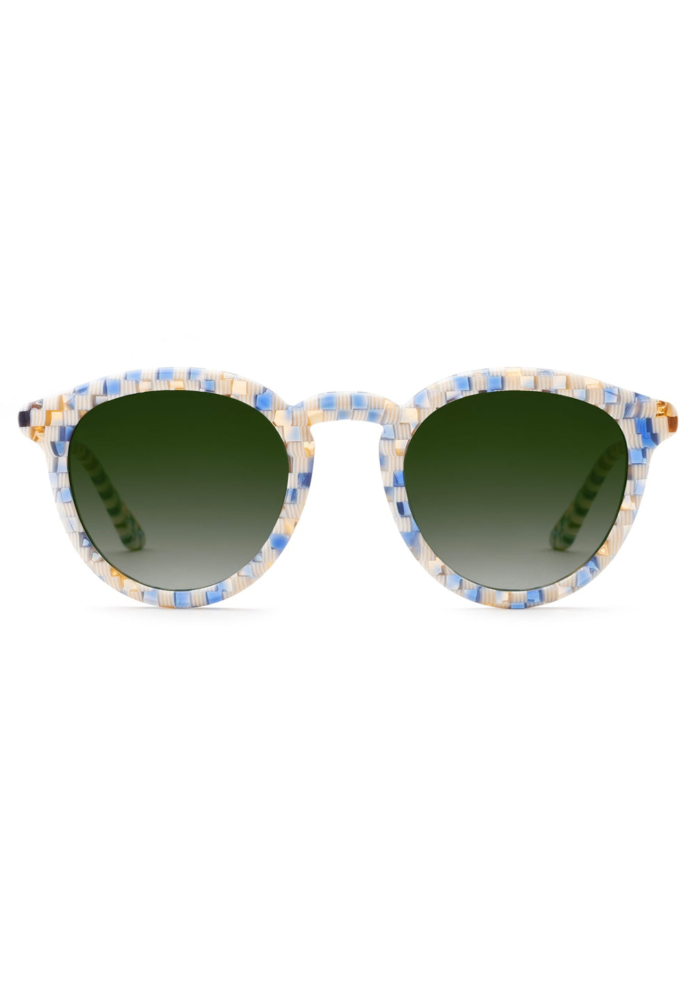 KREWE SUNGLASSES - COLLINS | Pincheck handcrafted, luxury blue and white checkered round sunglasses