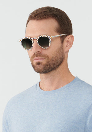 KREWE SUNGLASSES - COLLINS | Pincheck handcrafted, luxury blue and white checkered round sunglasses mens model | Model: Vince