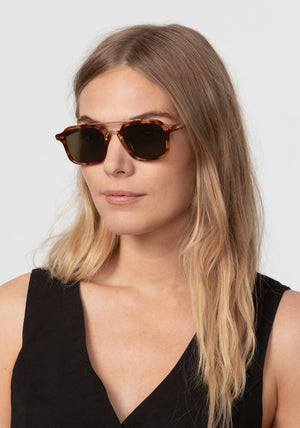 COLTON | Hawksbill 12K Polarized Handcrafted, luxury brown tortoise acetate and stainless steel square aviator polarized KREWE sunglasses womens model | Model: Maritza