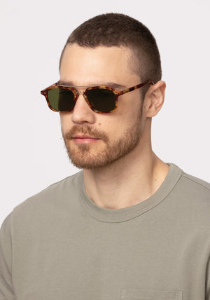 COLTON | Hawksbill 12K Polarized Handcrafted, luxury brown tortoise acetate and stainless steel square aviator polarized KREWE sunglasses mens model | Model: David